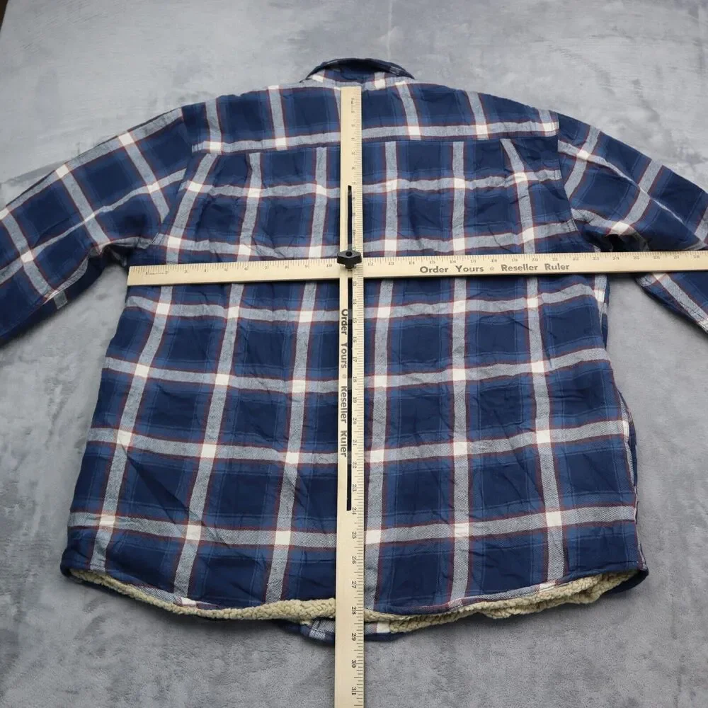 Wrangler Shacket Mens Large Blue Plaid Quilted Flannel Shirt Jacket Button Up
